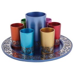 Round Multicolor Lasercut Pomegranate Kiddush Serv | Kiddush Cups | Ju