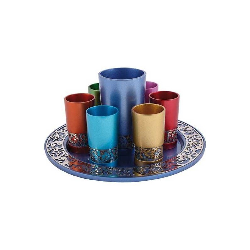 Round Multicolor Lasercut Pomegranate Kiddush Serv | Kiddush Cups | Ju
