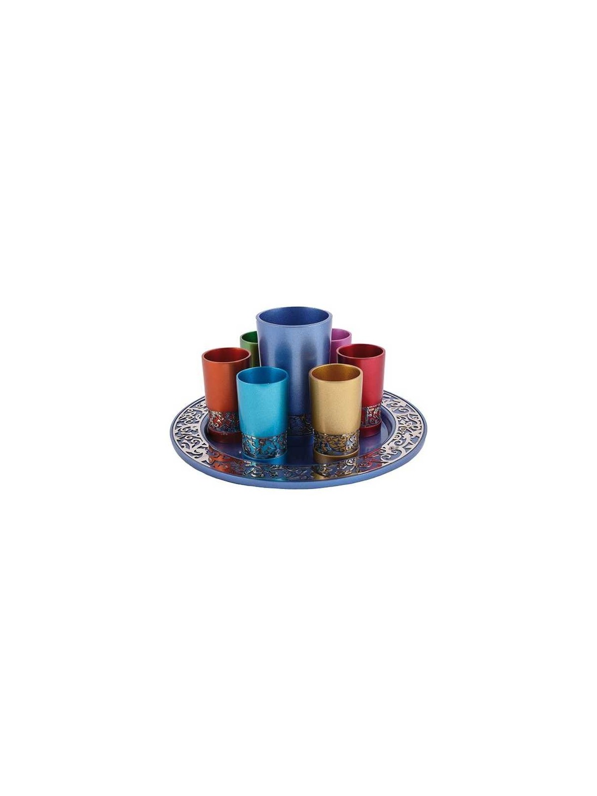 Round Multicolor Lasercut Pomegranate Kiddush Serv | Kiddush Cups | Ju