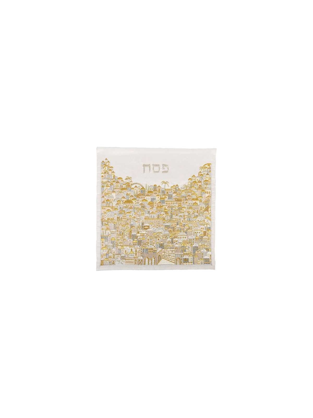 Couverture de Matsa brodée de Jérusalem en argent et or par | Pâque | judaïque
