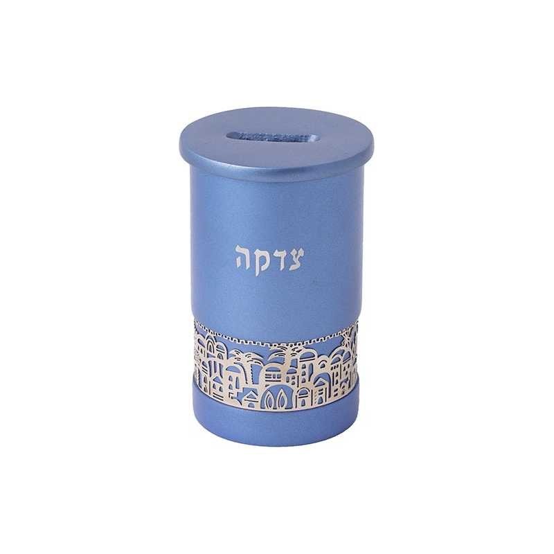 Boîte de Tzedakah bleue avec superposition de Jérusalem en argent Boîtes de Tzedakah |