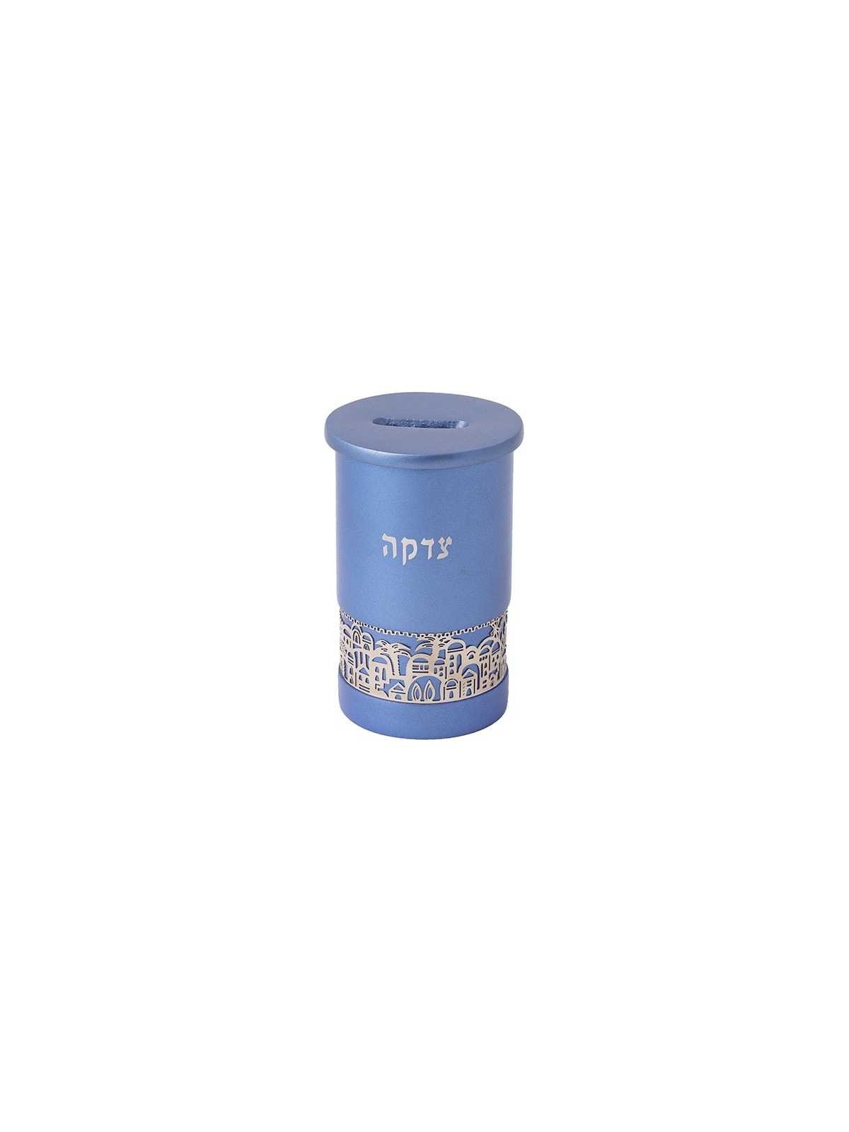Boîte de Tzedakah bleue avec superposition de Jérusalem en argent Boîtes de Tzedakah |