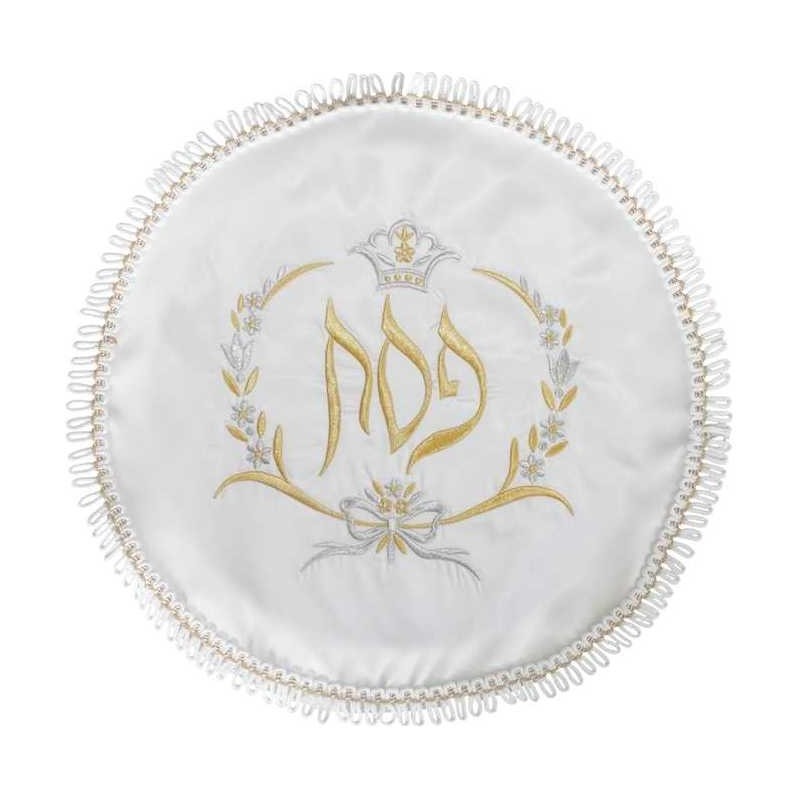 Couverture de Matzah florale carrée blanche et dorée à franges | Pâque | Judaïca