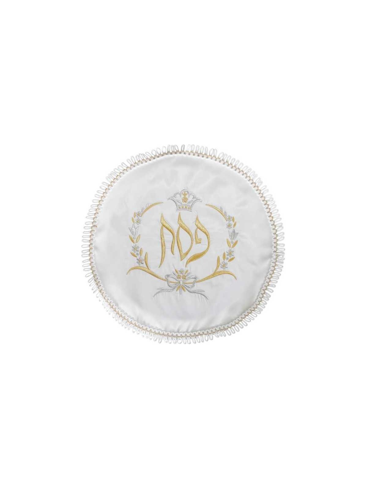 Couverture de Matzah florale carrée blanche et dorée à franges | Pâque | Judaïca