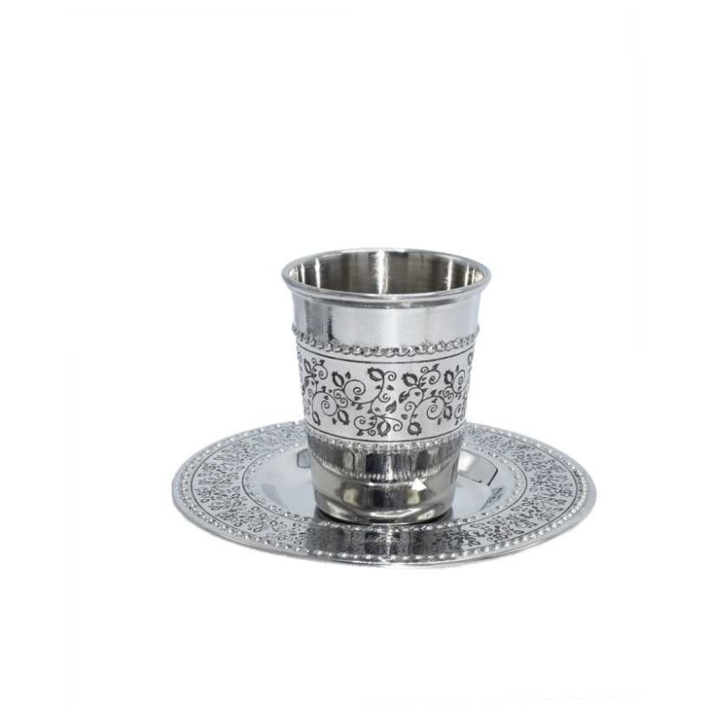 Tasse et assiette de Kiddouch en acier inoxydable - Floral Des | Coupes de Kiddouch | Ju