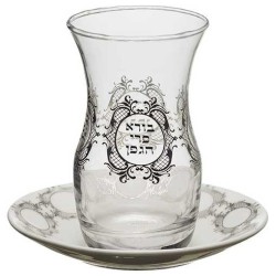 Coupe de Kiddouch en verre 4" avec soucoupe en céramique 4,2 oz - | Coupes de Kiddouche | Ju