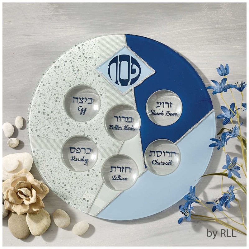 Blue Glass Seder Plate with Silver Glitter Accents | Passover | Judaic