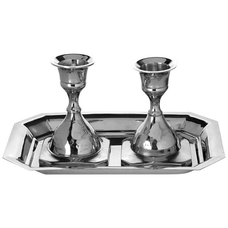Ensemble de 2 bougeoirs plaqués nickel avec plateau - 3" | Bougeoirs | J