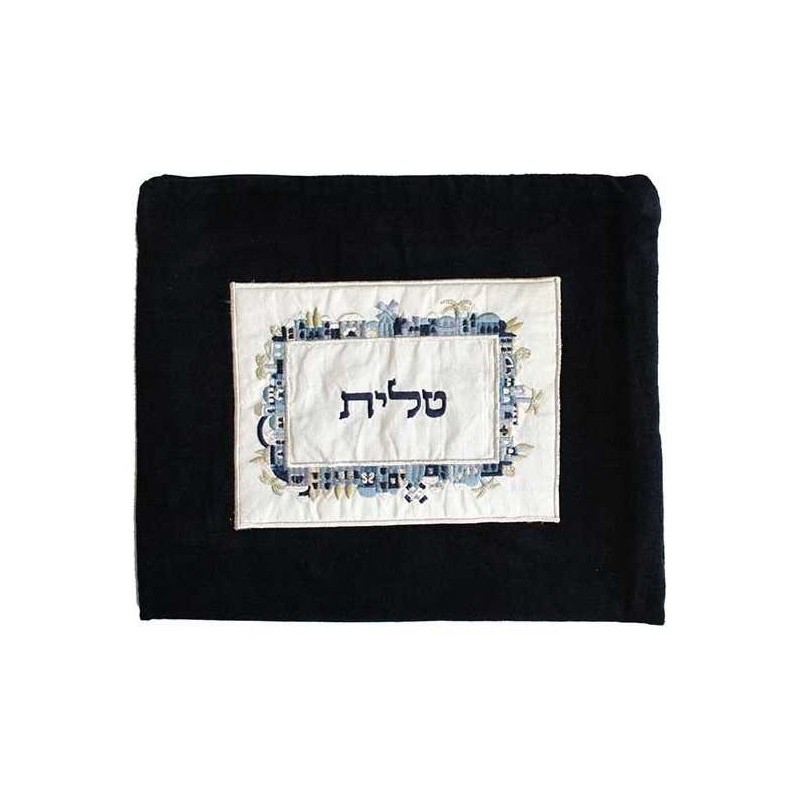Sac de talit de Jérusalem brodé en velours - Bleu | Talit/Tallis | Judaï