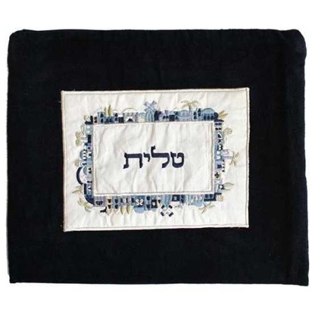 Sac de talit de Jérusalem brodé en velours - Bleu | Talit/Tallis | Judaï
