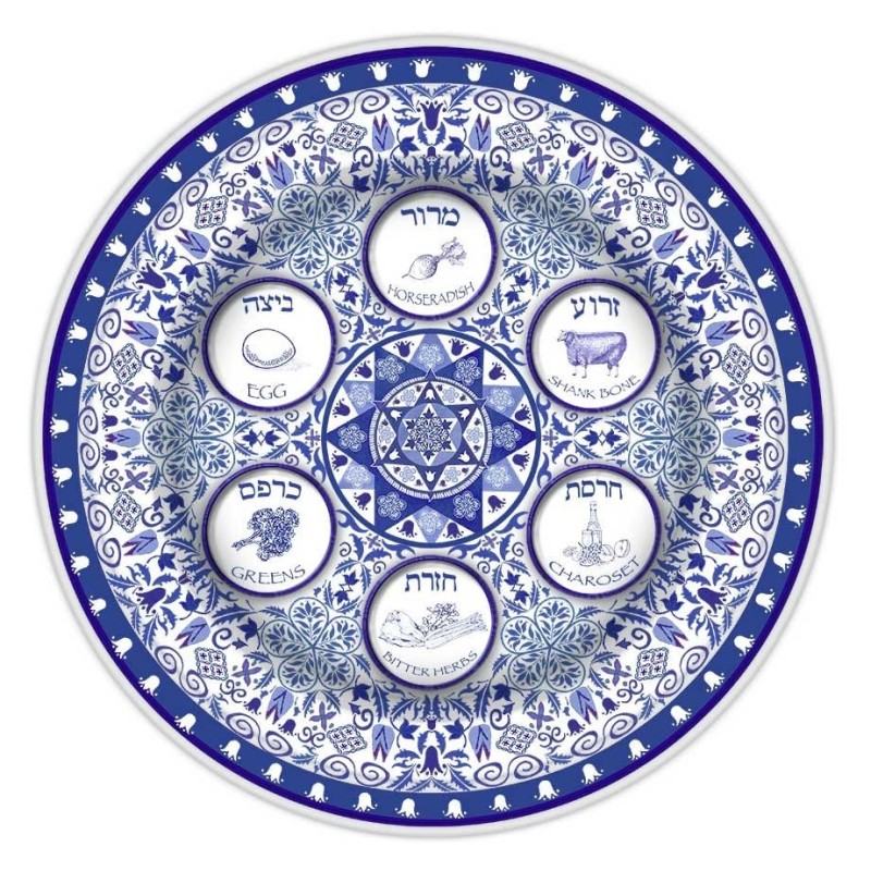 Assiette de Seder de Pâque bleue et blanche en porcelaine | Pâque | Judaïca