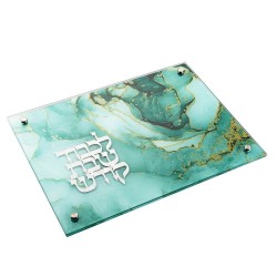 Teal Marble Design Challah Board With Silver Metal | Challah Boards |