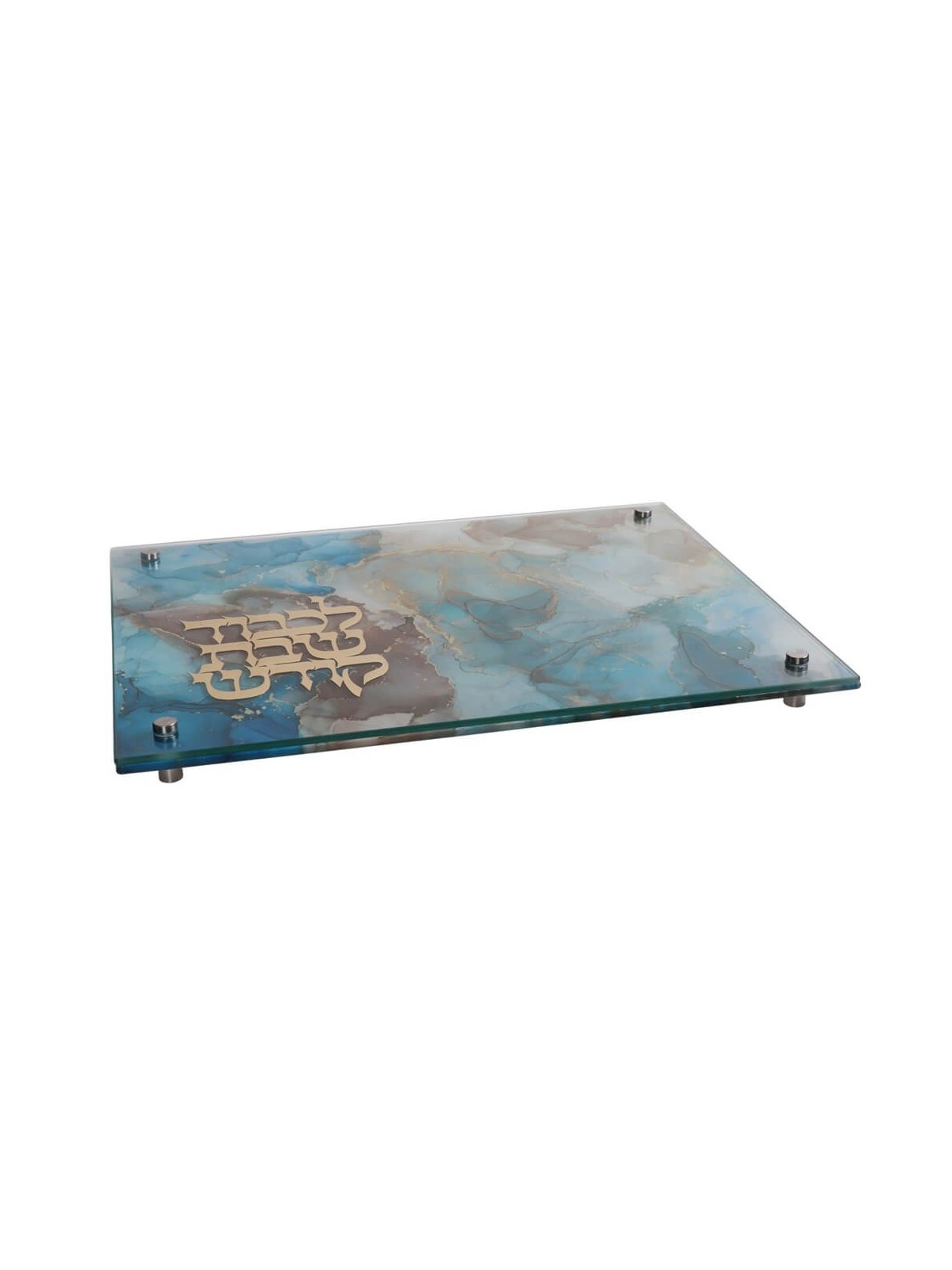 Tableau Challah design en marbre bleu/marron avec or M | Planches Challah |