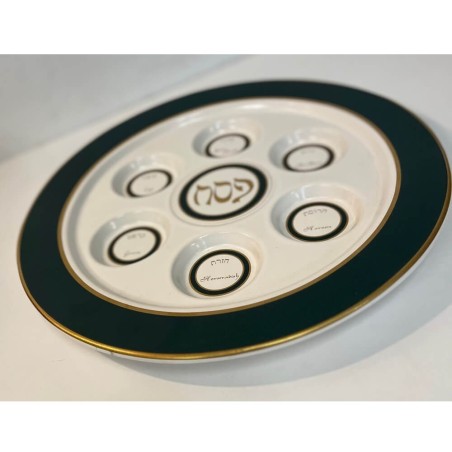 Assiette Seder en porcelaine avec bordure de couleur verte | Pâque | Judaïca