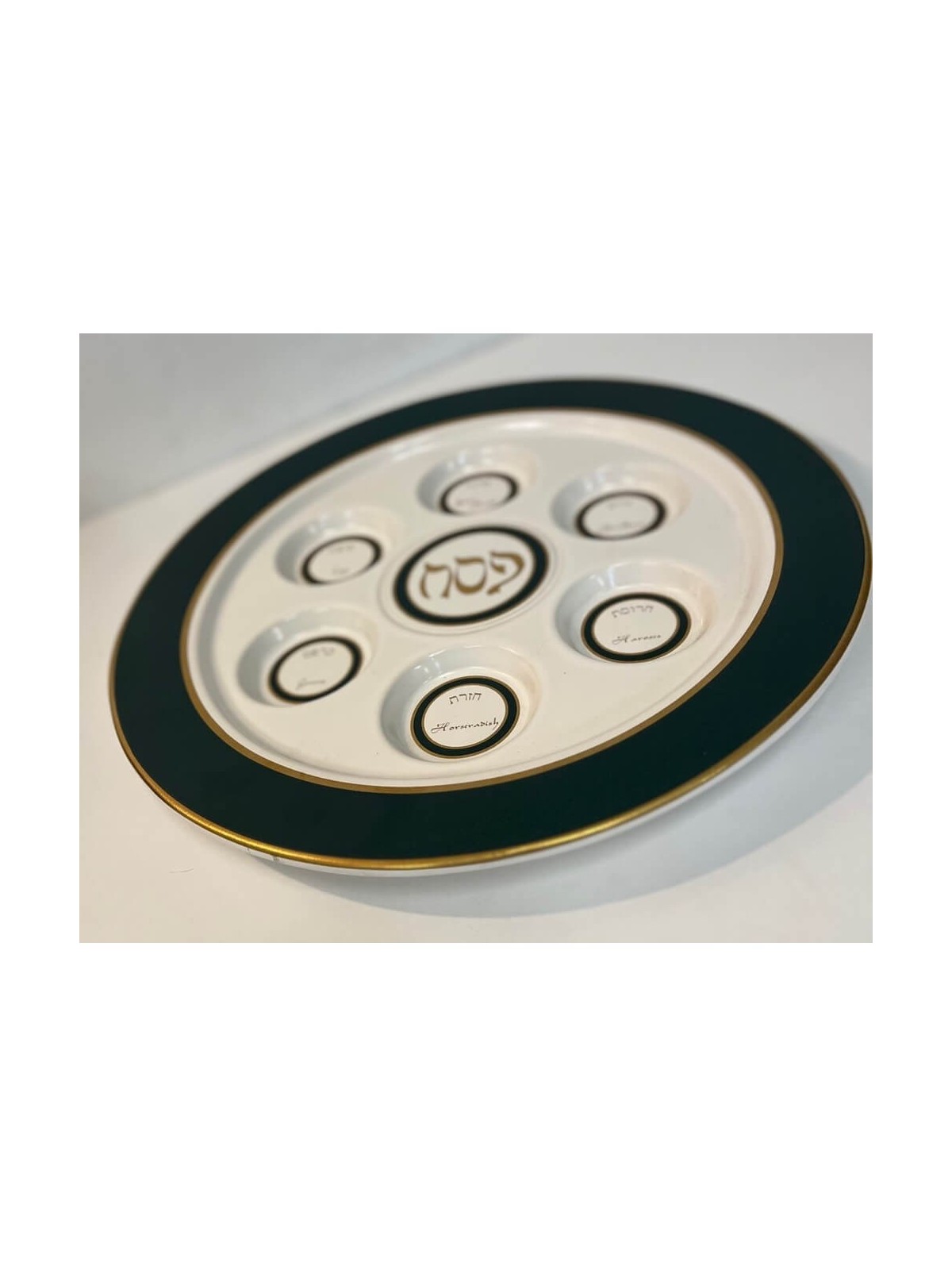 Assiette Seder en porcelaine avec bordure de couleur verte | Pâque | Judaïca