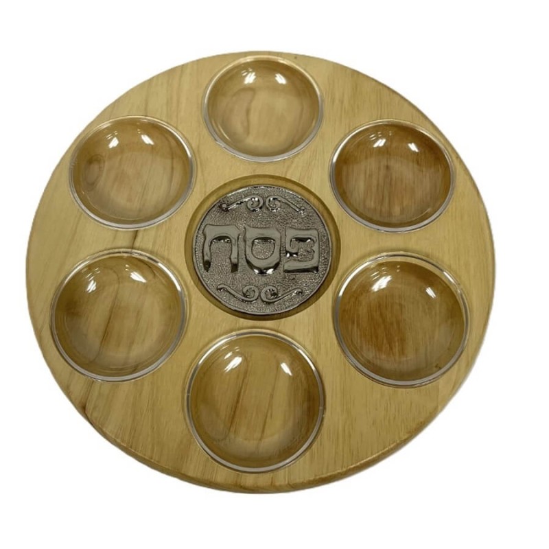 Assiette de Seder en bois avec plaque et 6 plats en verre | Pâque | Judaïca