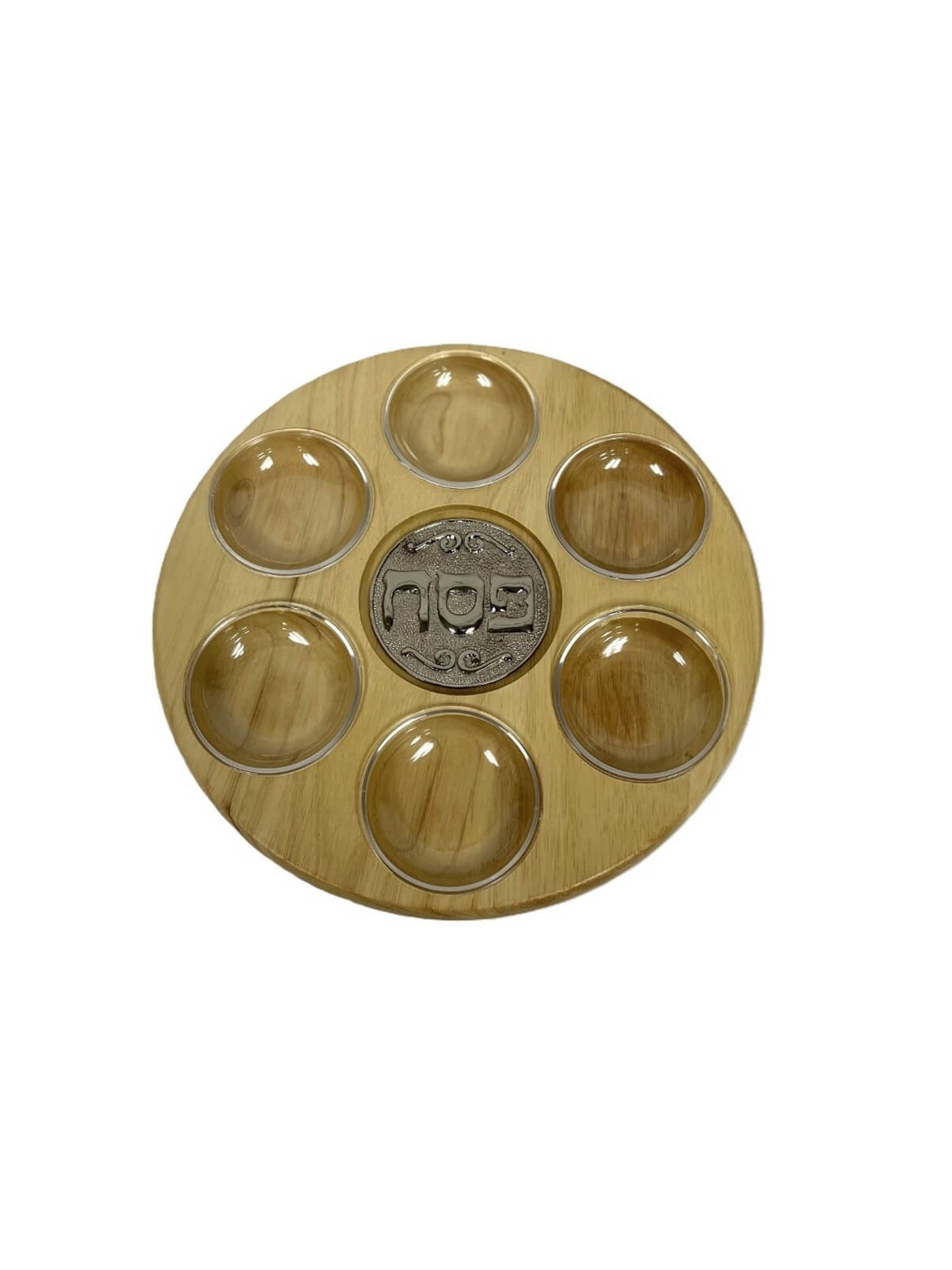 Wooden Seder Plate with Plaque and 6 Glass Dishes | Passover | Judaica