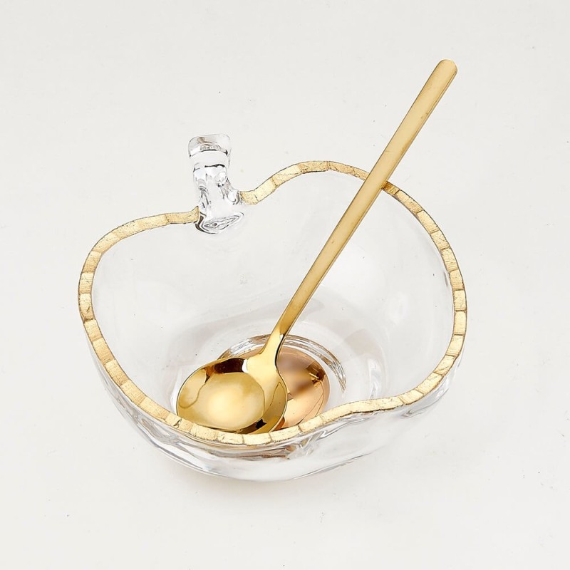 Plat de miel en verre en forme de pomme avec cuillère | Roch Hachana | Judaïca
