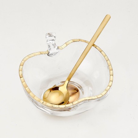 Plat de miel en verre en forme de pomme avec cuillère | Roch Hachana | Judaïca