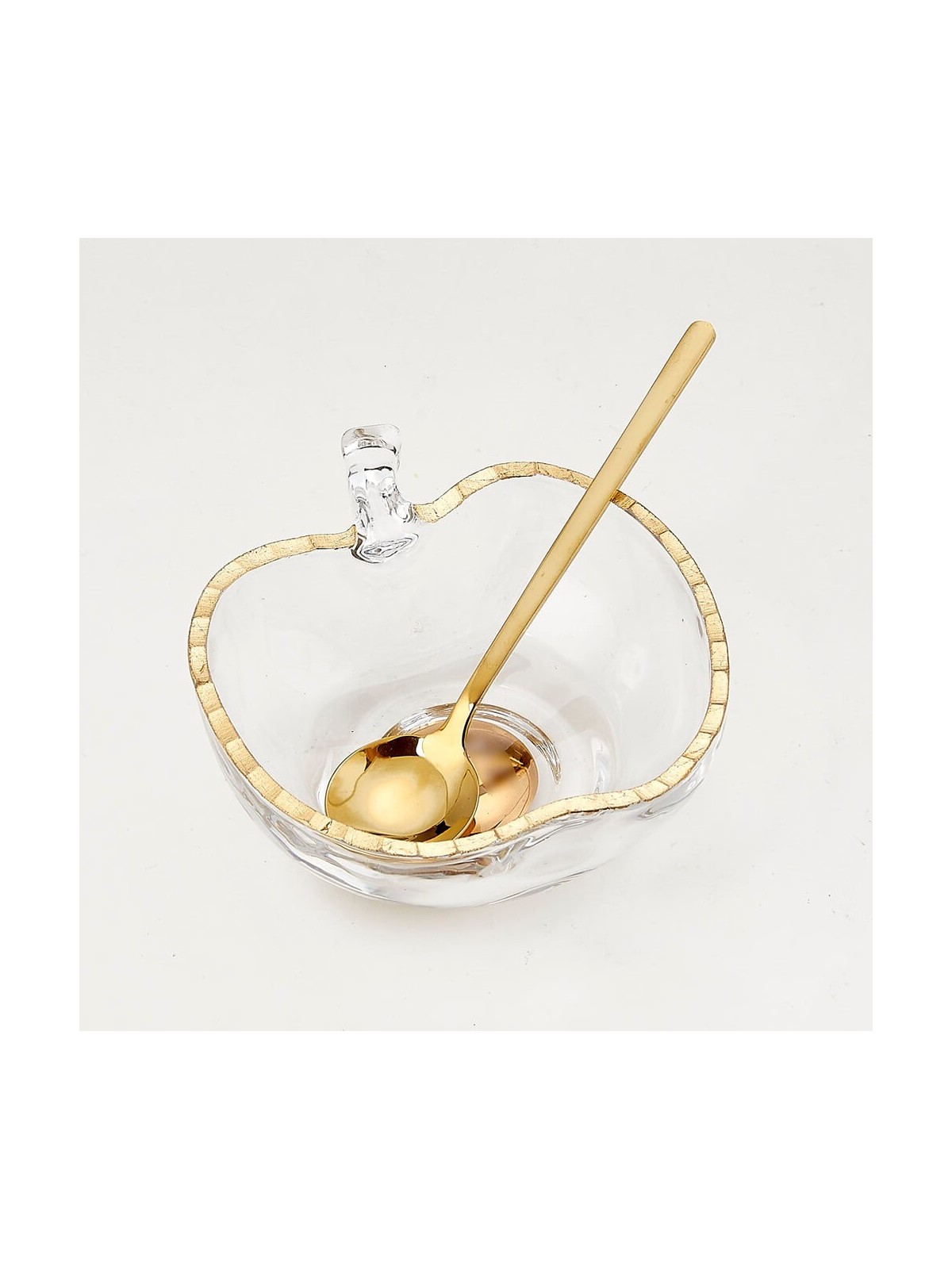 Plat de miel en verre en forme de pomme avec cuillère | Roch Hachana | Judaïca