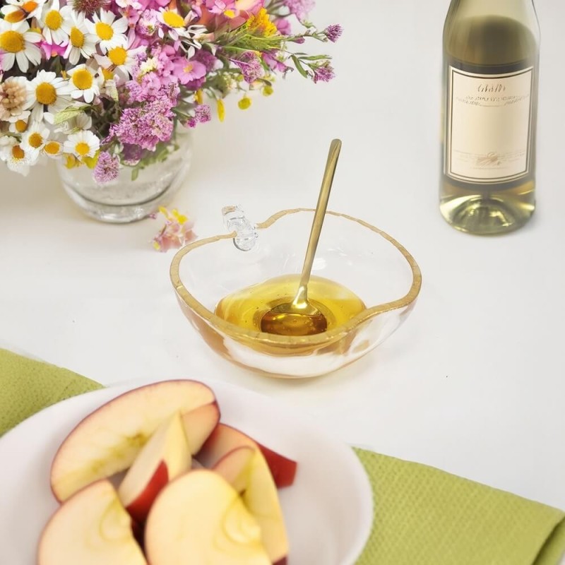 Plat de miel en verre en forme de pomme avec cuillère | Roch Hachana | Judaïca