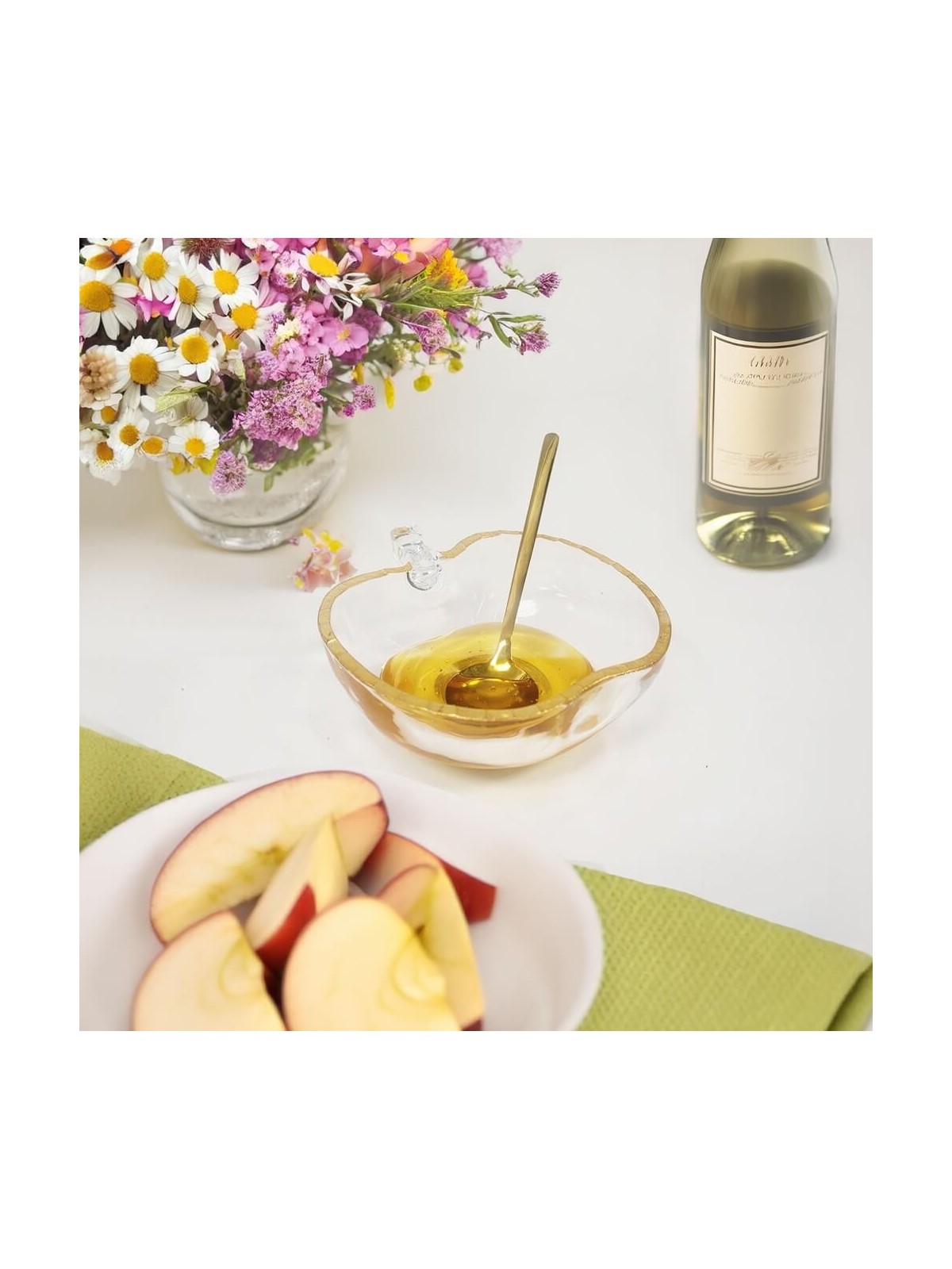 Plat de miel en verre en forme de pomme avec cuillère | Roch Hachana | Judaïca