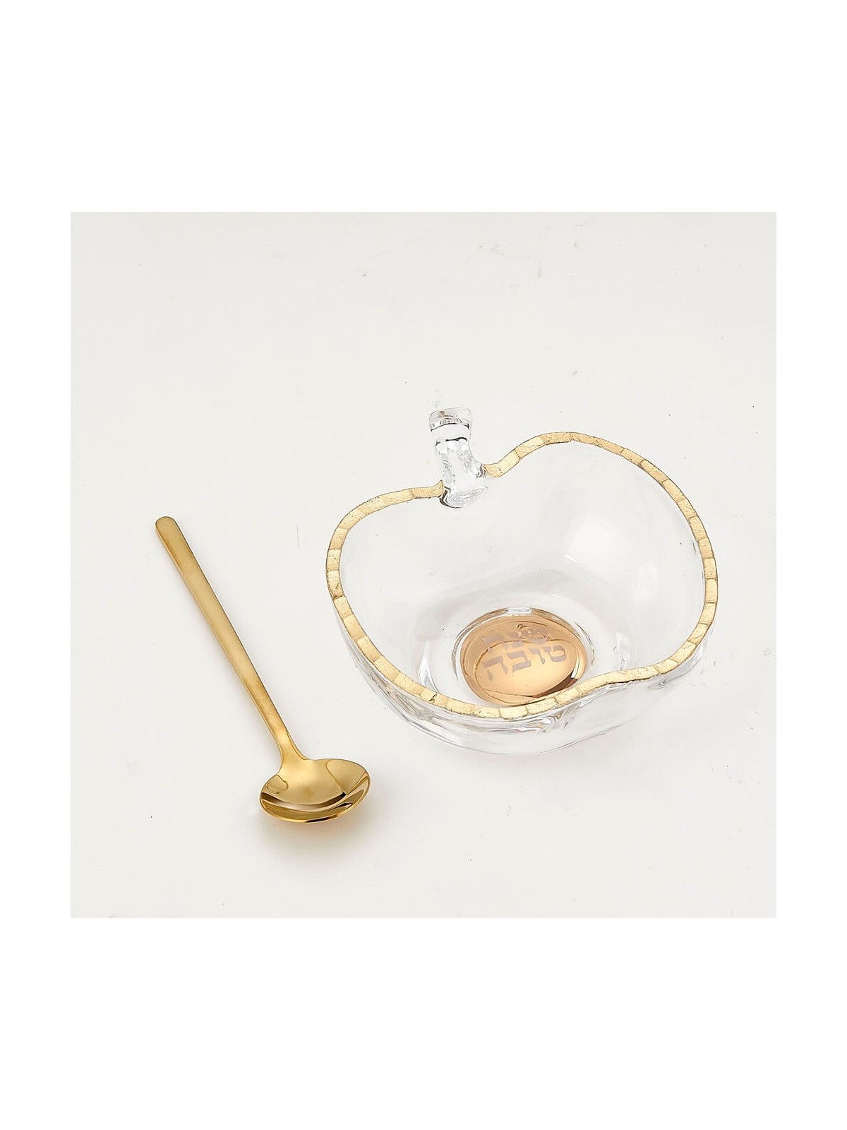 Plat de miel en verre en forme de pomme avec cuillère | Roch Hachana | Judaïca