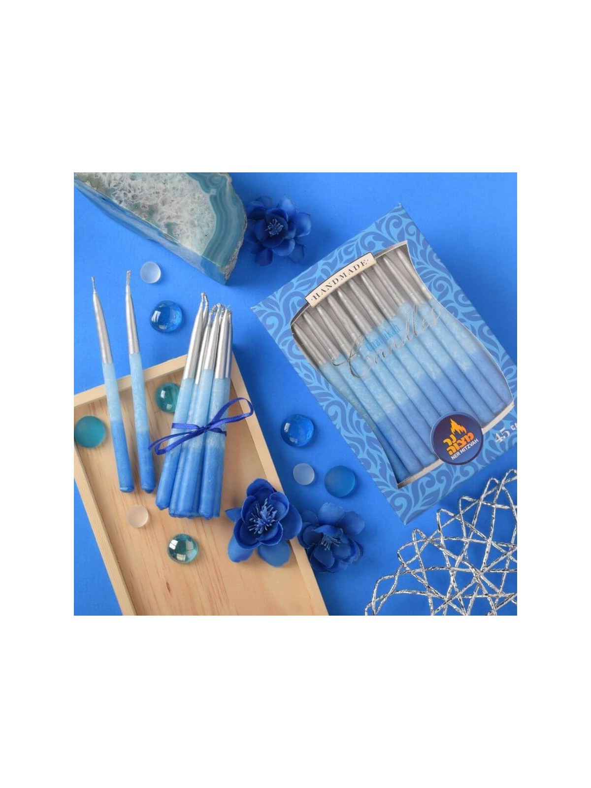 3-Tone Blue & Silver Tip Chanukah Candles | Hanukkah | Judaica