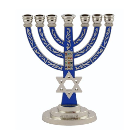 7 Branch Menorah Dark Blue on Silver with Breast... | 7 Branch Menorah