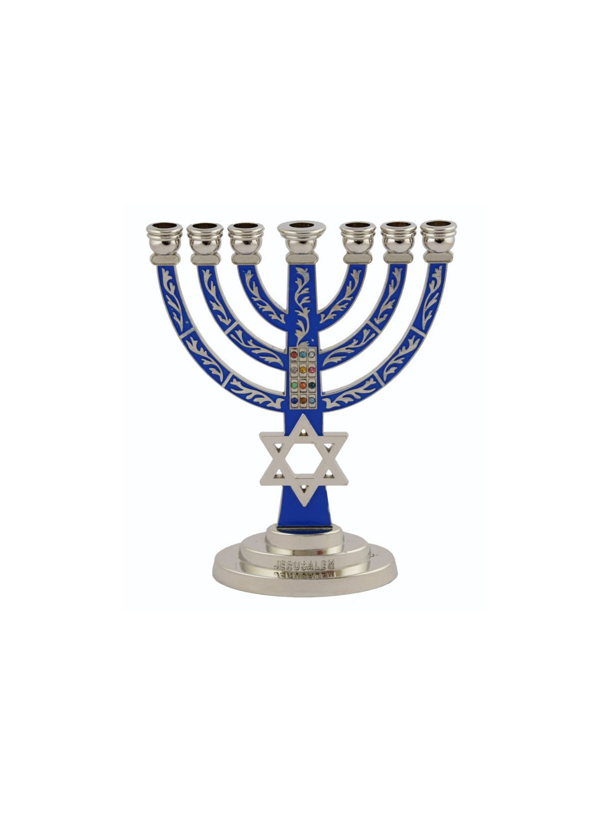 7 Branch Menorah Dark Blue on Silver with Breast... | 7 Branch Menorah