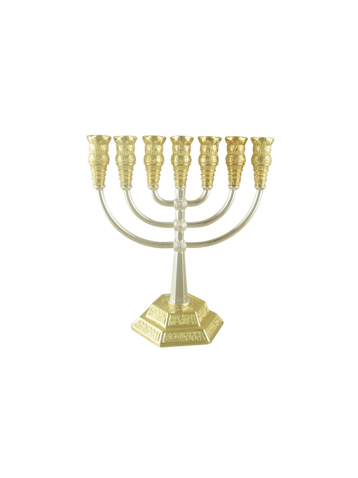 Two Tone Silver and Gold 7 Branch Menorah Jerusa... | 7 Branch Menorah