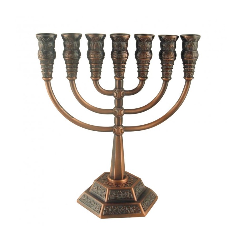 Seven Branch Menorah with Jerusalem Images Bronz... | 7 Branch Menorah