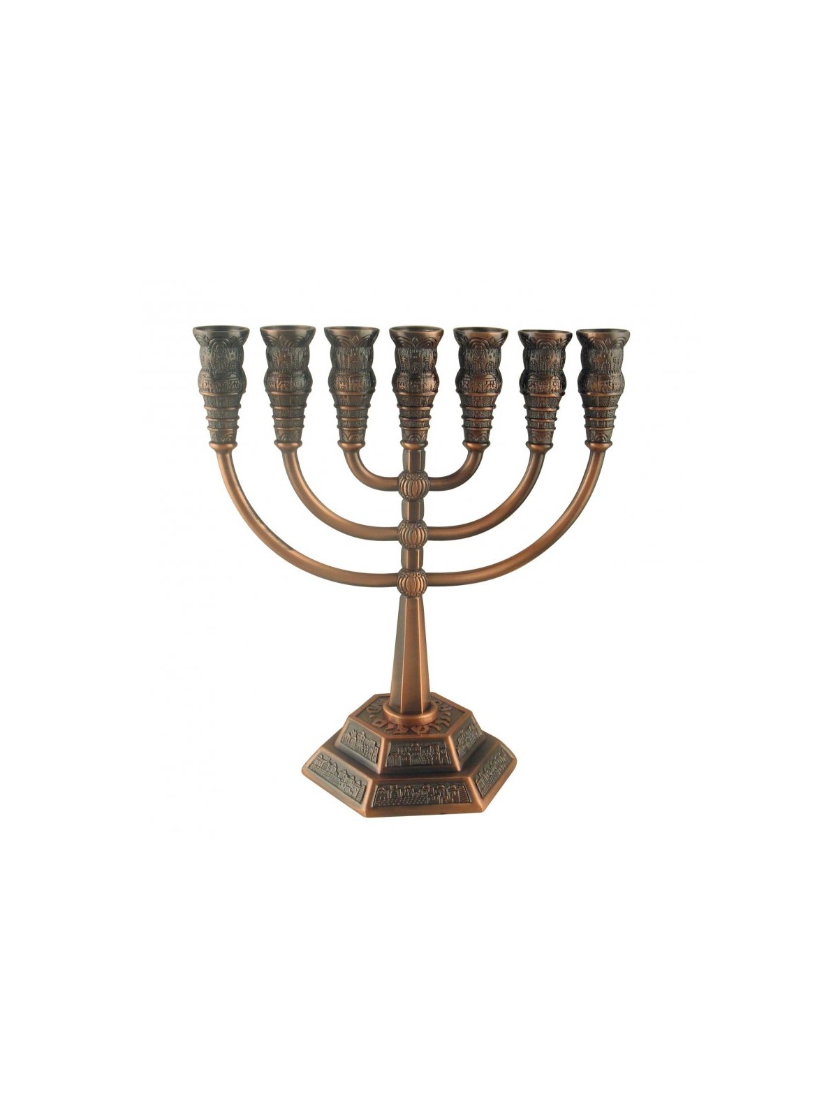 Seven Branch Menorah with Jerusalem Images Bronz... | 7 Branch Menorah