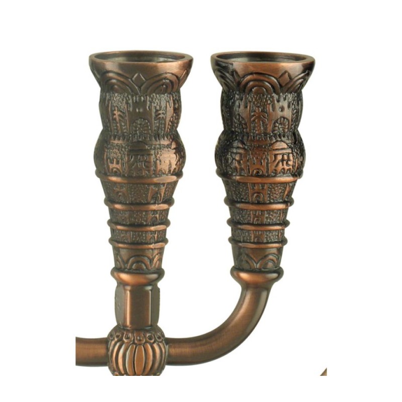 Seven Branch Menorah with Jerusalem Images Bronz... | 7 Branch Menorah