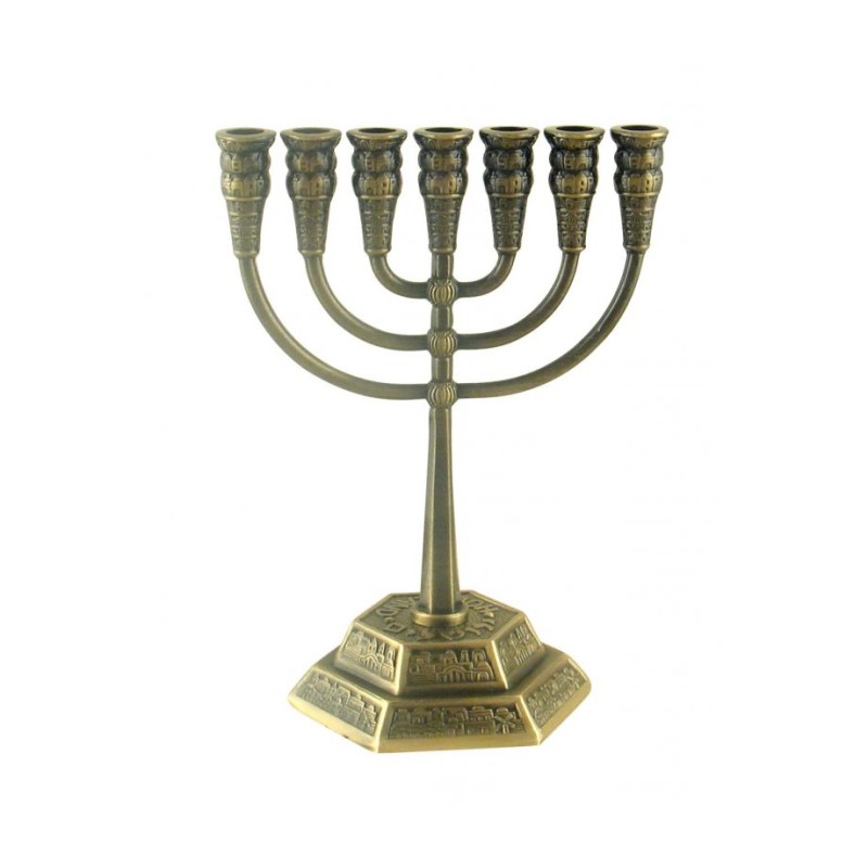 Seven Branch Menorah with Jerusalem Images Coppe... | 7 Branch Menorah