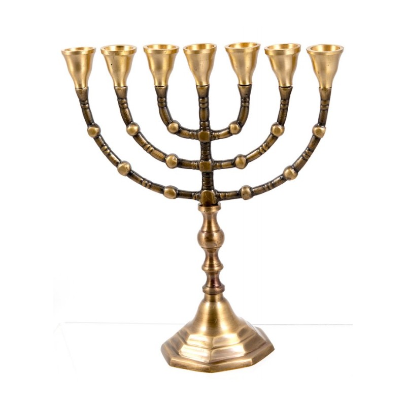 Seven Branch Menorah Dark Gold Brass with Antiqu... | 7 Branch Menorah