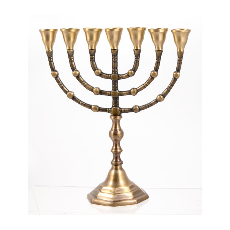 Seven Branch Menorah Dark Gold Brass with Antiqu... | 7 Branch Menorah