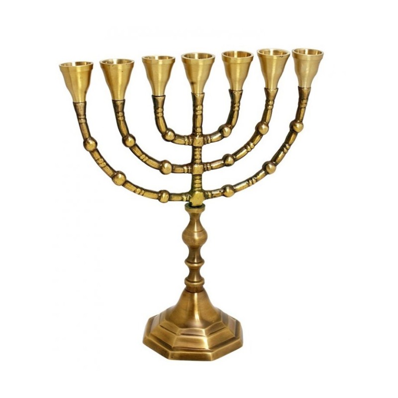 Seven Branch Menorah Dark Gold Brass with Antiqu... | 7 Branch Menorah