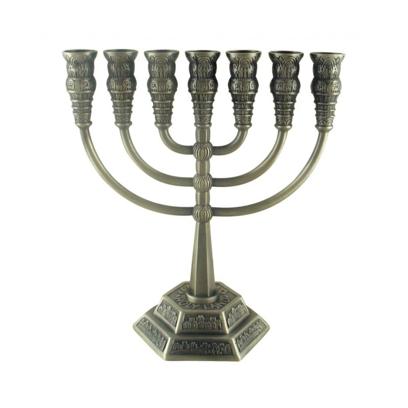 Seven Branch Menorah with Jerusalem Images Pewte... | 7 Branch Menorah