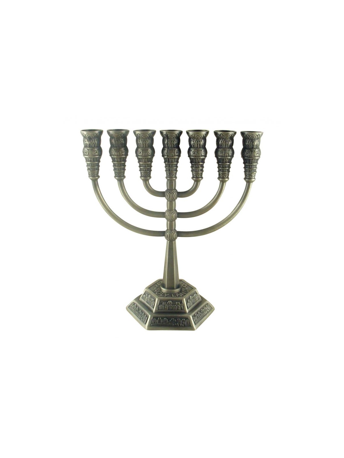 Seven Branch Menorah with Jerusalem Images Pewte... | 7 Branch Menorah