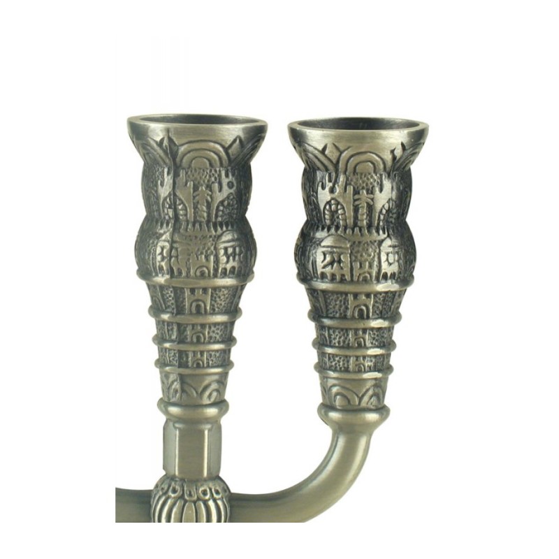 Seven Branch Menorah with Jerusalem Images Pewte... | 7 Branch Menorah