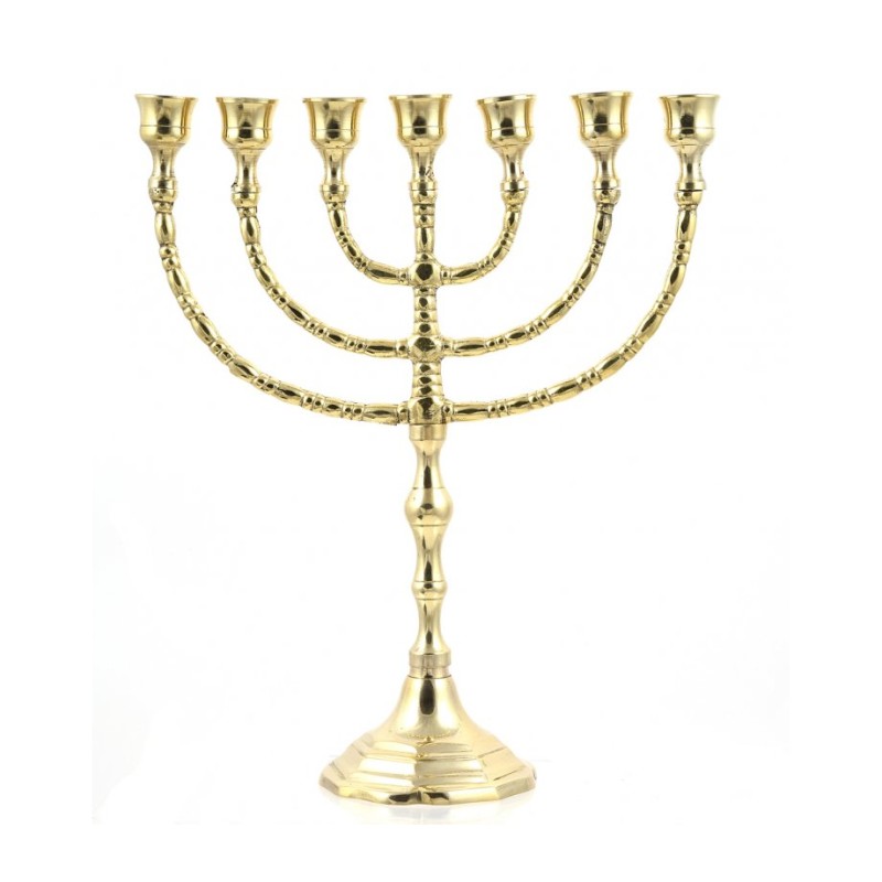 Seven Branch Menorah Gleaming Gold Brass in Clas... | 7 Branch Menorah