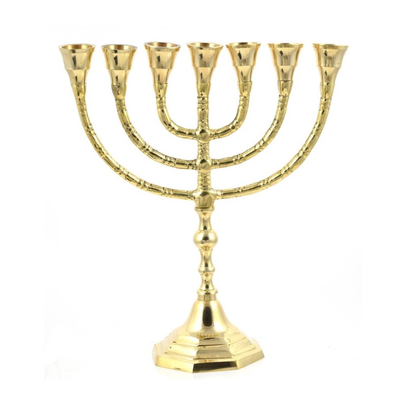 Seven Branch Menorah Gleaming Gold Brass in Clas... | 7 Branch Menorah