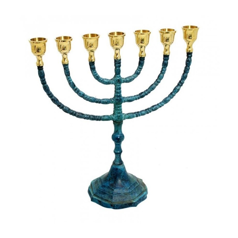 Seven Branch Blue Turquoise Patina Menorah Gold ... | 7 Branch Menorah
