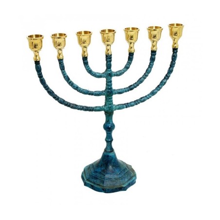 Seven Branch Blue Turquoise Patina Menorah Gold ... | 7 Branch Menorah