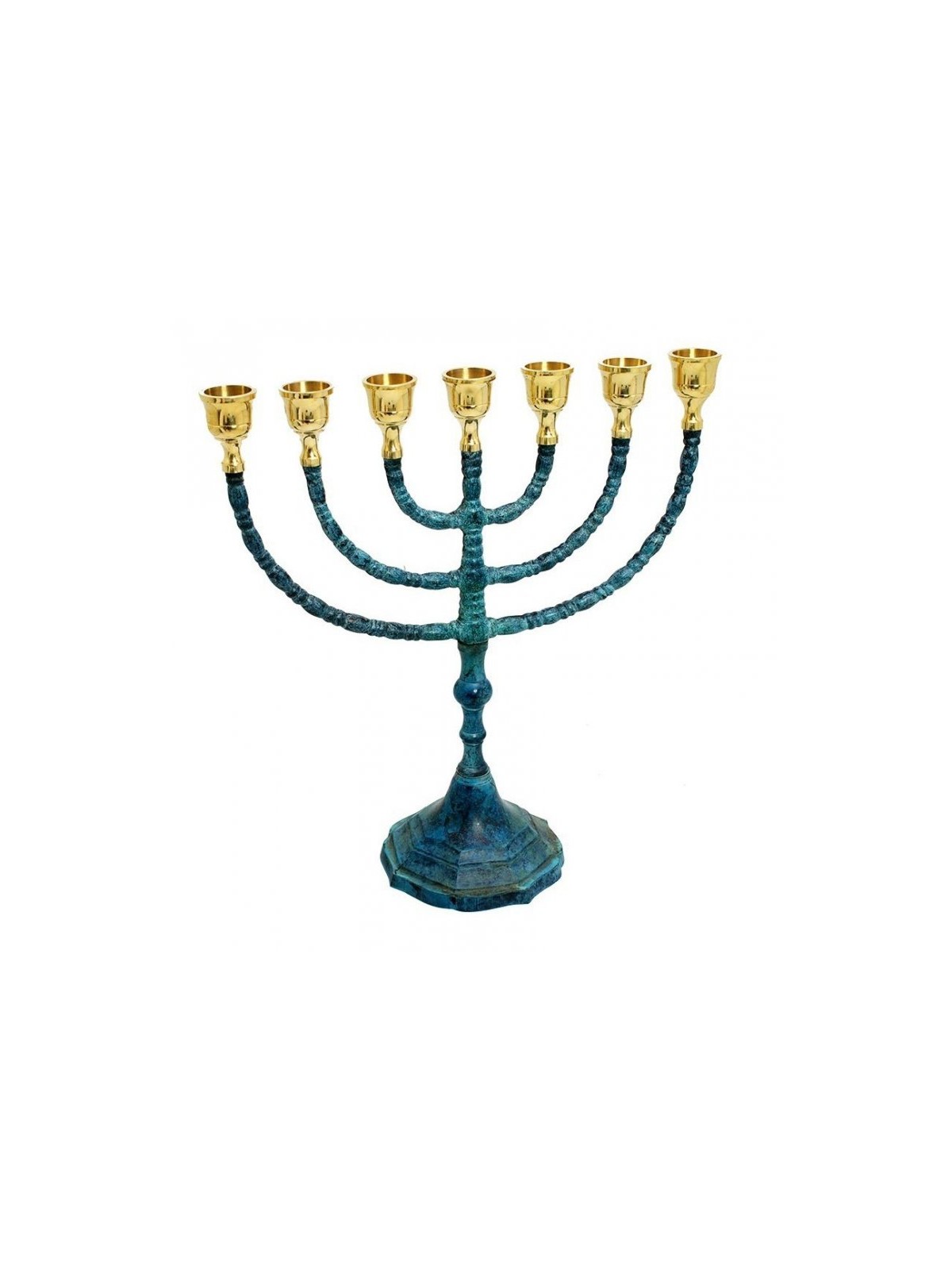 Seven Branch Blue Turquoise Patina Menorah Gold ... | 7 Branch Menorah