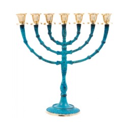 Seven Branch Blue Patina Menorah on Stem Gold Ca... | 7 Branch Menorah