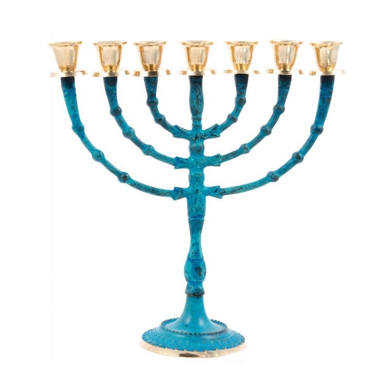 Seven Branch Blue Patina Menorah on Stem Gold Ca... | 7 Branch Menorah