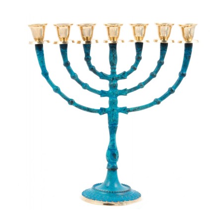 Seven Branch Blue Patina Menorah on Stem Gold Ca... | 7 Branch Menorah