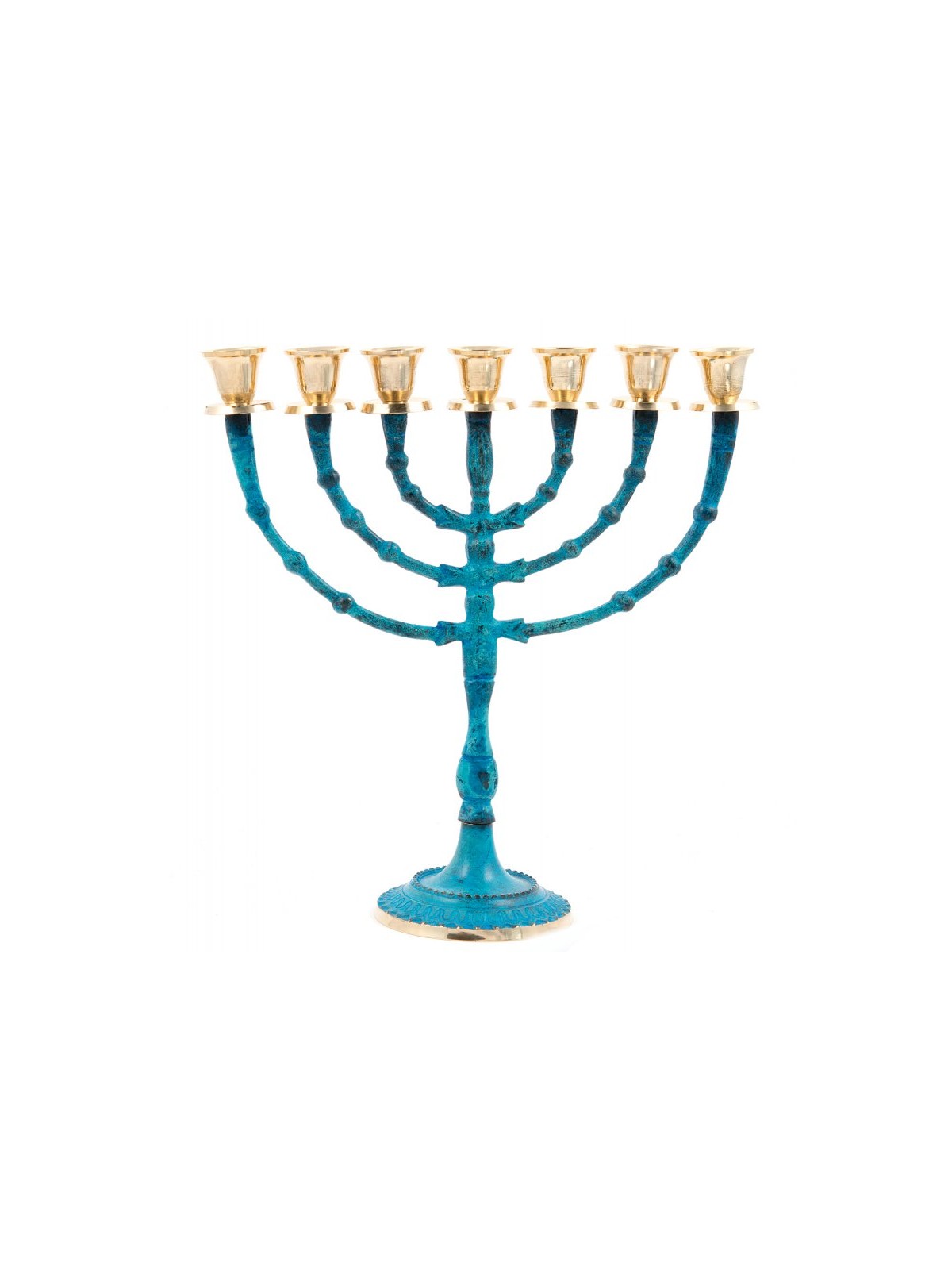 Seven Branch Blue Patina Menorah on Stem Gold Ca... | 7 Branch Menorah